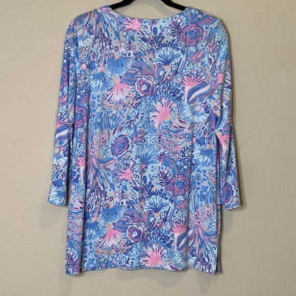Talbots Women's Size Medium Blue Pink Floral Tunic White Applique 3/4 Sleeve - Picture 3 of 7